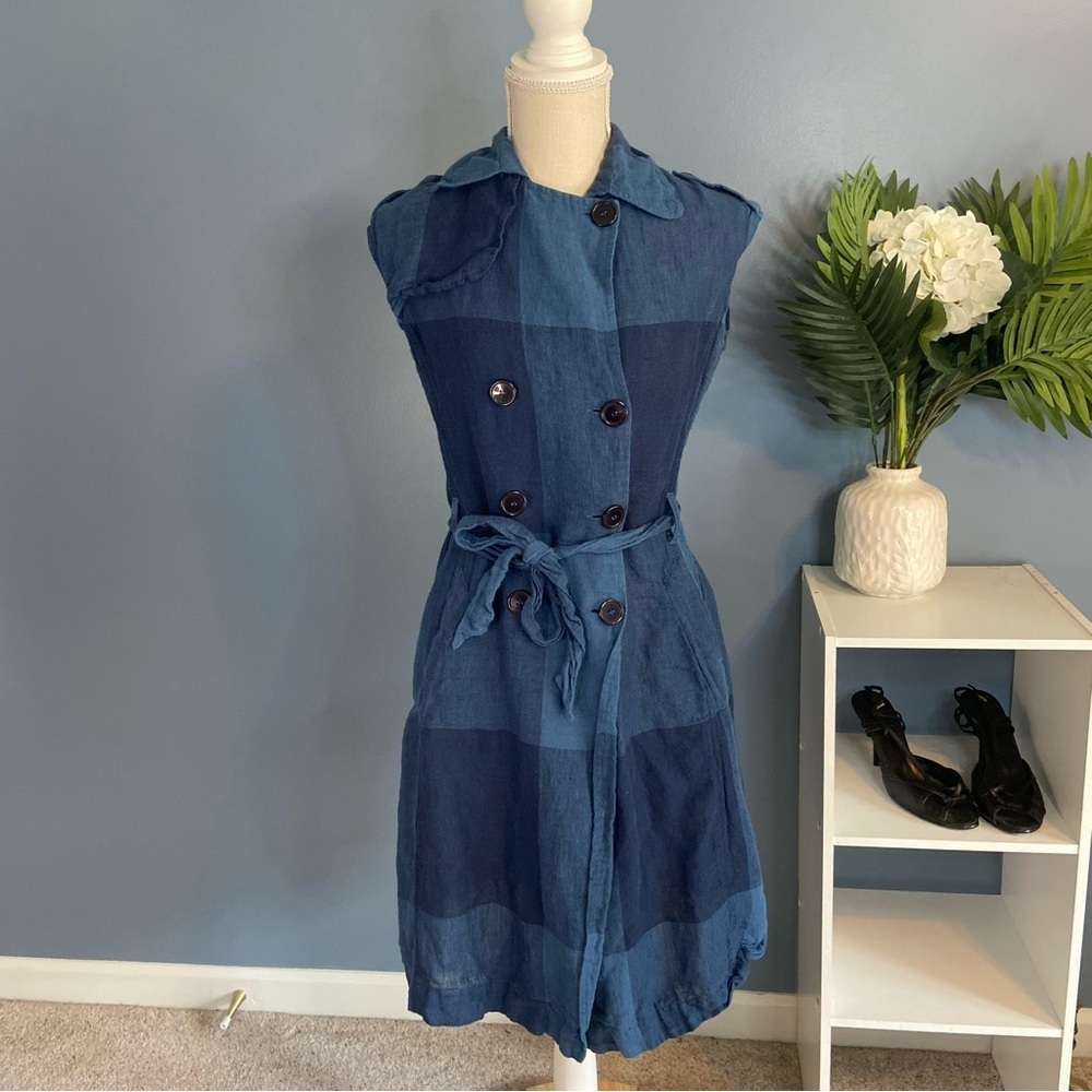 Eva Franco Blue Colorblock Linen Blend Midi Dress